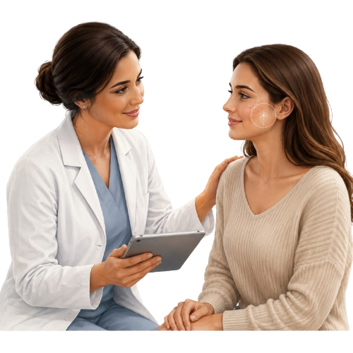 A dermatologist listening to a patient during a skin assessment