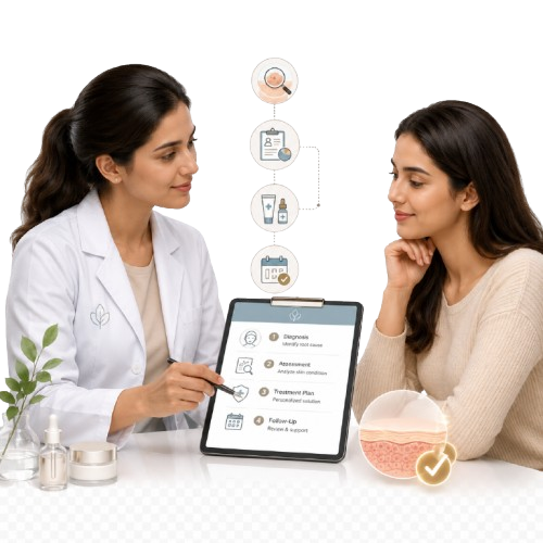A dermatologist explaining a personalised treatment plan to a patient