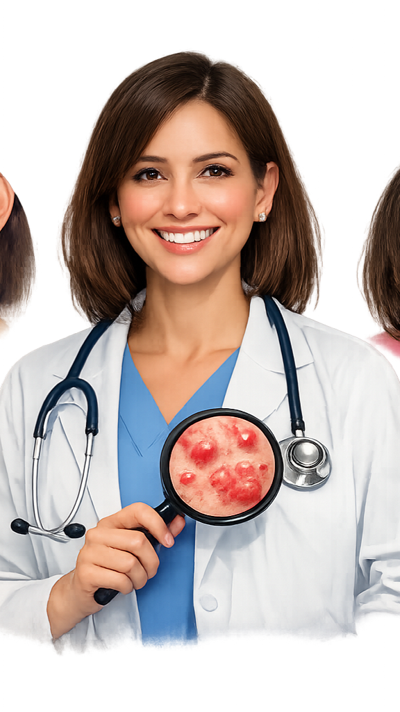 A dermatologist demonstrating a focused skin examination