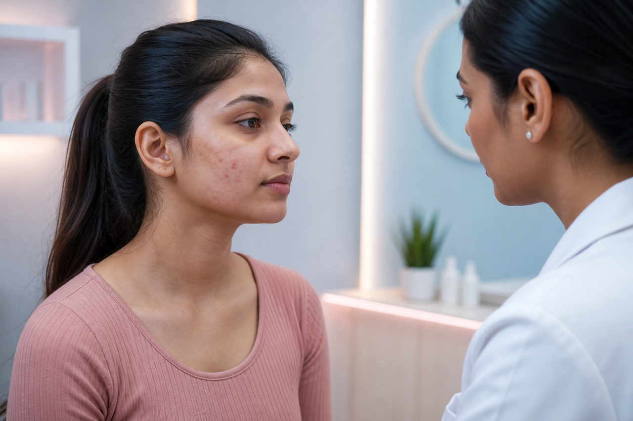 Doctor assessing active acne during a dermatology consultation