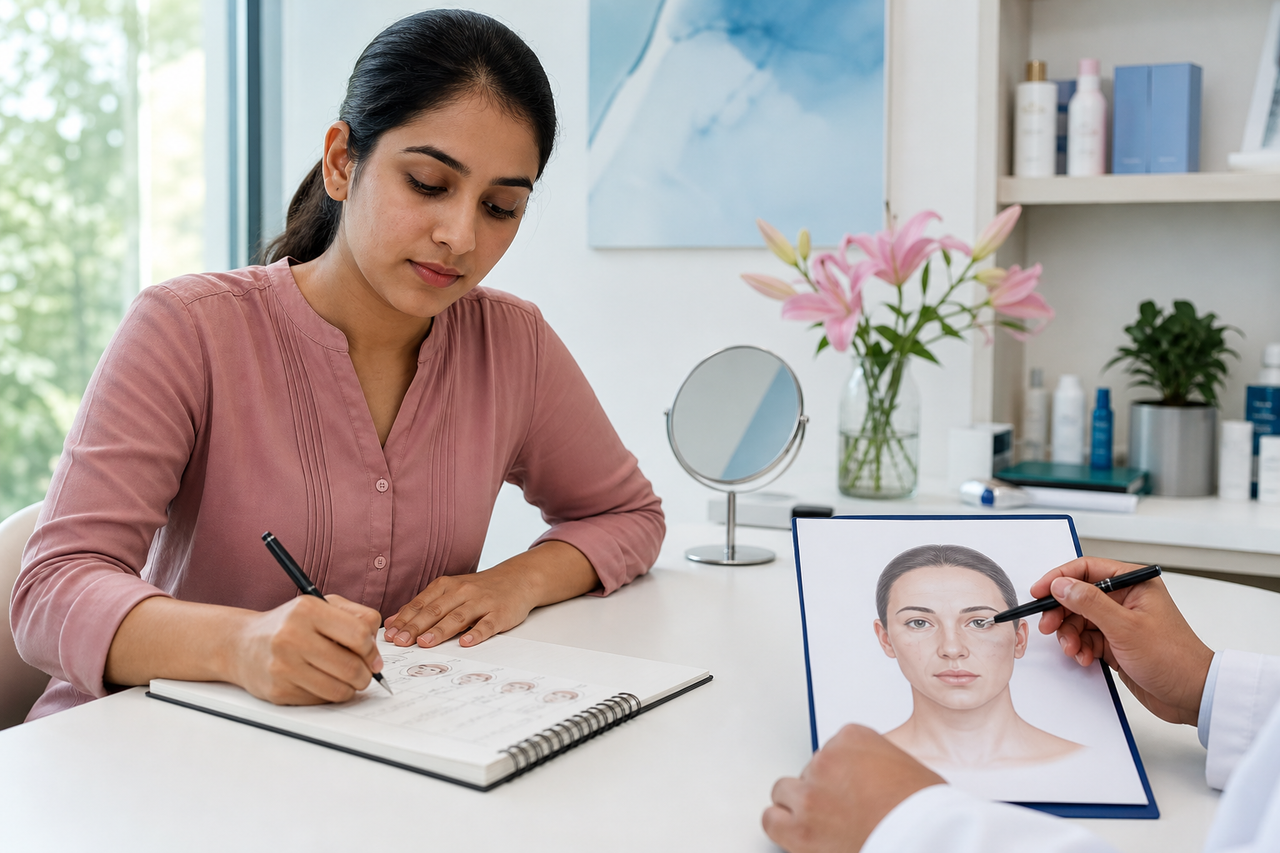 Patient preparing an acne symptom timeline during a diagnosis-first consultation in Hosur