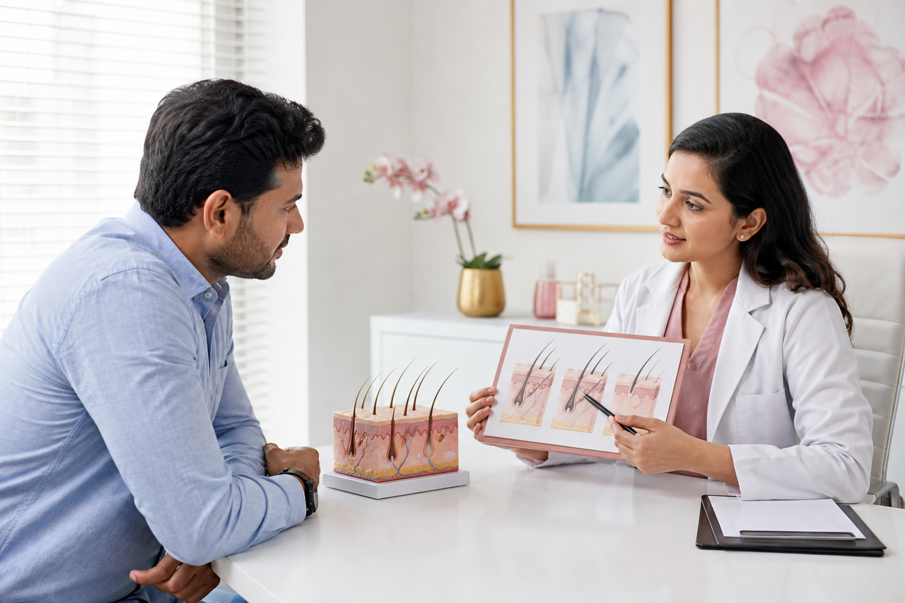 Hair fall consultation explaining scalp health and PRP suitability before treatment