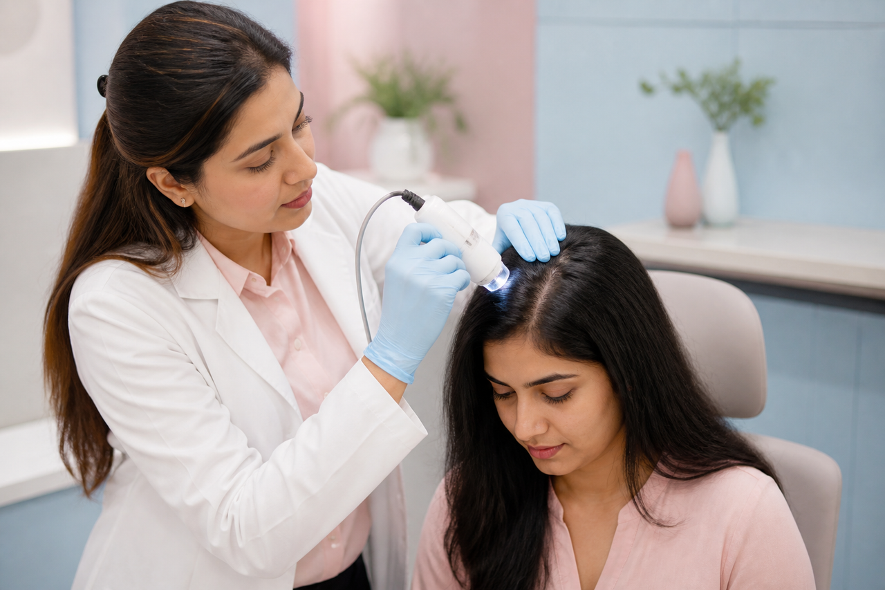 Dermatologist assessing the scalp with a magnified camera before choosing care