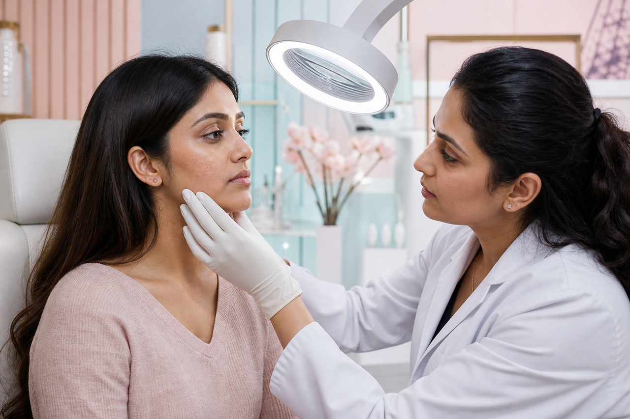 Dermatologist assessing facial pigmentation under a clinical examination lamp