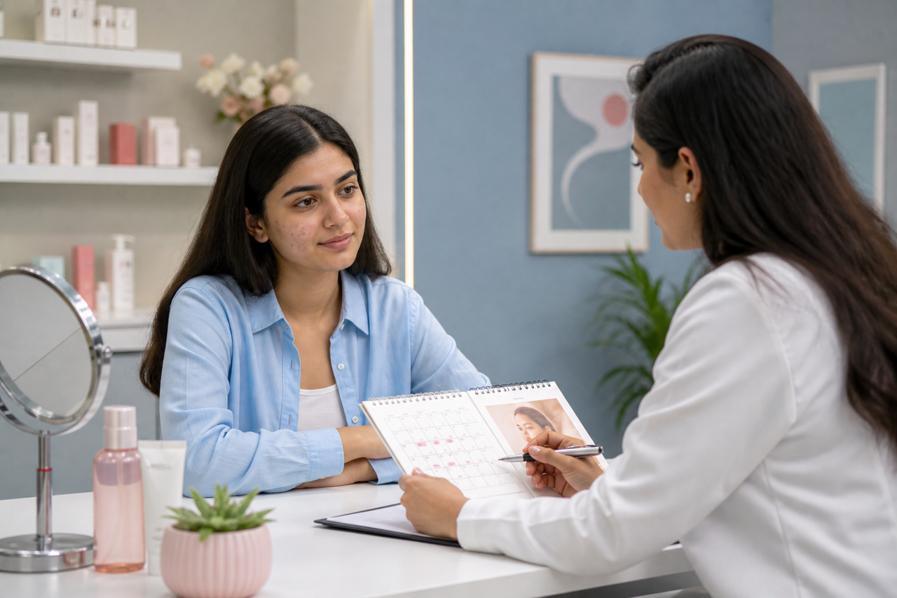 Acne care journey tracked over time with a structured review calendar