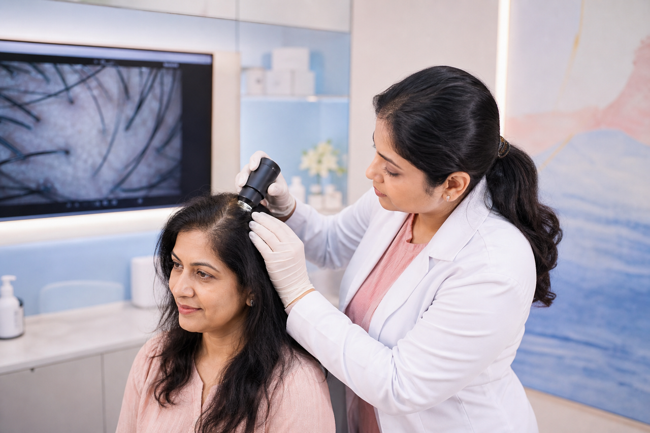Hair and scalp care journey reviewed with magnified scalp assessment