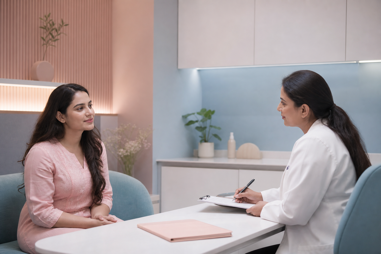 Dermatologist explaining suitable treatment options during a consultation