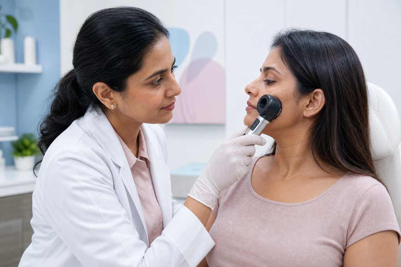 Dermatologist conducting a careful skin assessment before treatment planning