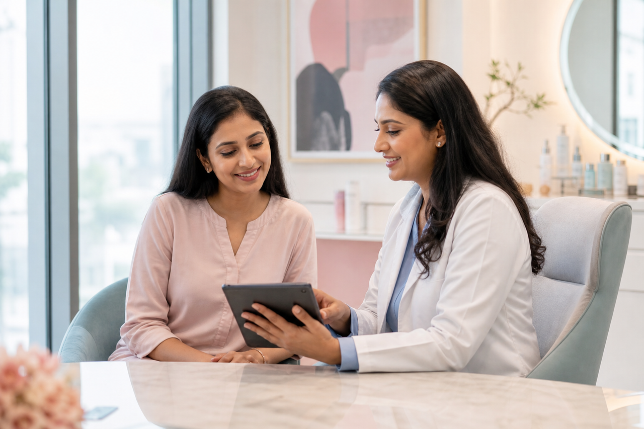 Patient and dermatologist reviewing progress during a follow-up visit