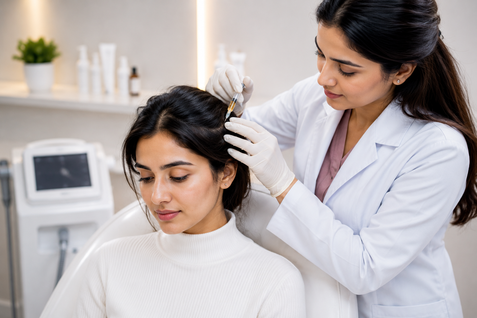 Hair and scalp treatment performed in a dermatology clinic